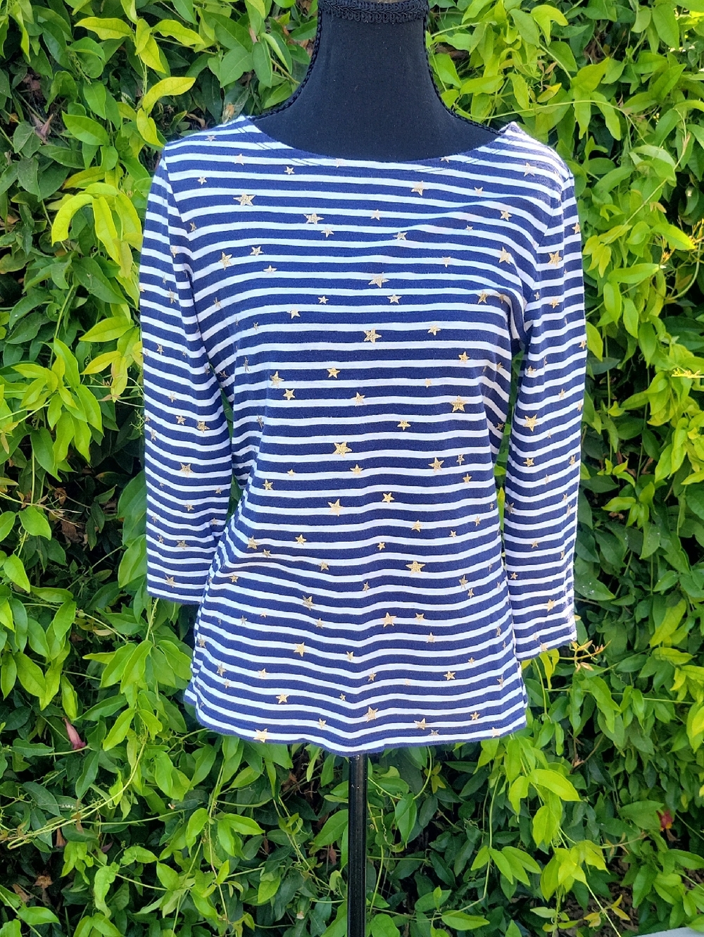 Old Navy Navy and White Striped Long Sleeve Cotton Top with Gold Stars S